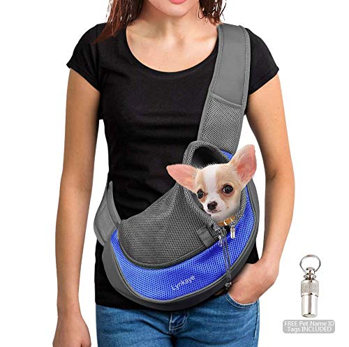 Lynkaye Haustier-Tragetasche, für kleine Hunde und Katzen, mit verstellbarem Riemen, freihändig, mit Edelstahl-Namenskennzeichnung, Halsband, ID-Tags, Blau (bis zu 4,5 kg) von Lynkaye