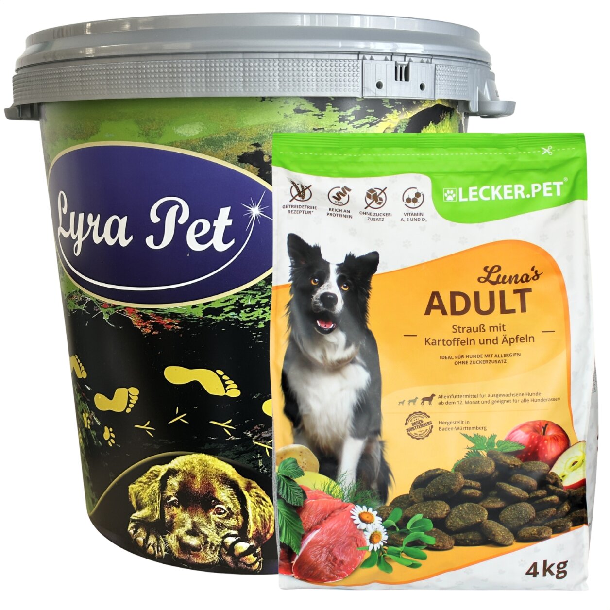 4 kg Lecker.Pet® Luna's Adult Strauß mit Kartoffel & Apfel Hundefutter Trockenfutter Vollnahrung in 30 L Tonne von Lyra Pet GmbH