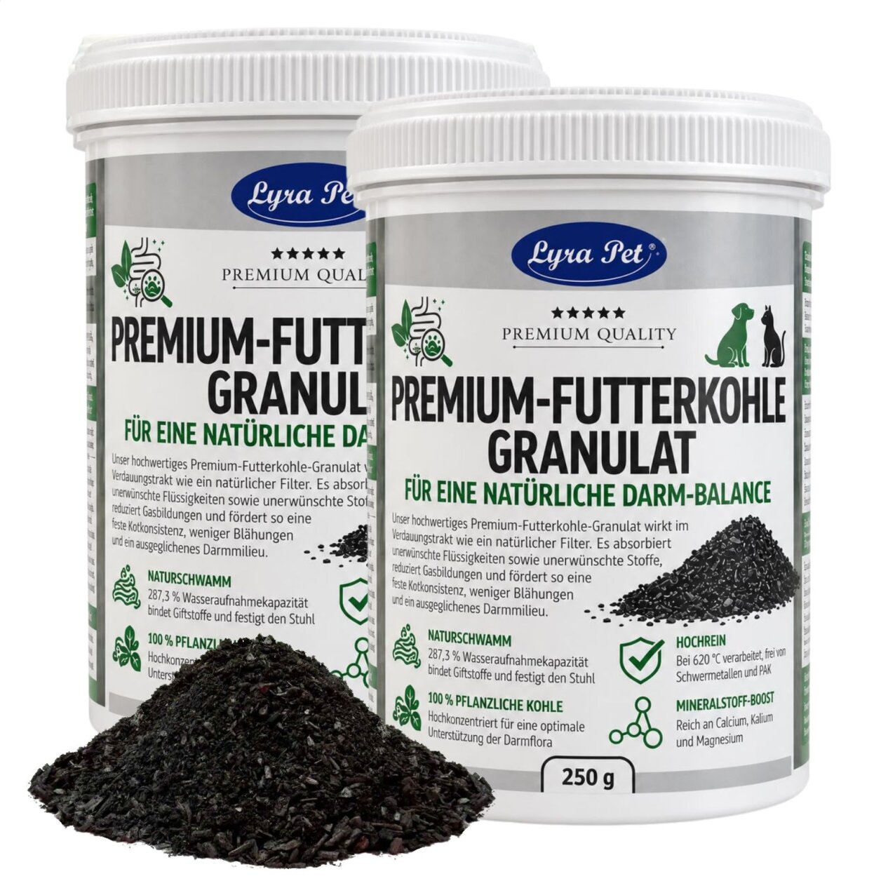 500 g (2 x 250 g) Lyra Pet® Premium-Futterkohle Pflanzenkohle Granulat für Hunde & Katzen von Lyra Pet GmbH