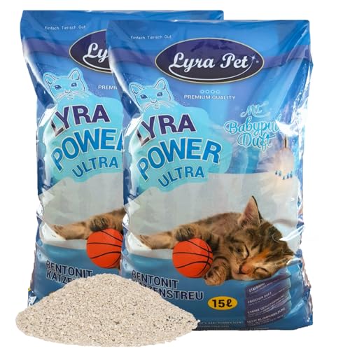 Lyra Pet® | 30 Liter Lyra Power Ultra Excellent Katzenstreu | Mit Babypuder Duft | Klumpstreu | 350% Saugkraft | Naturprodukt aus Bentonit | Stark Klumpend | Saubere Wohnung | Neutralisiert Gerüche von Lyra Pet