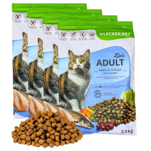 Lecker.Pet® | 10 kg Leo's Adult Geflügel & Forelle Katzen Trockenfutter Vollnahrung | Glutenfreies Katzenfutter | Trockenvollnahrung für Erwachsene Katzen | Nährstoffreiche Proteinquelle mit Fisch von Lyra Pet