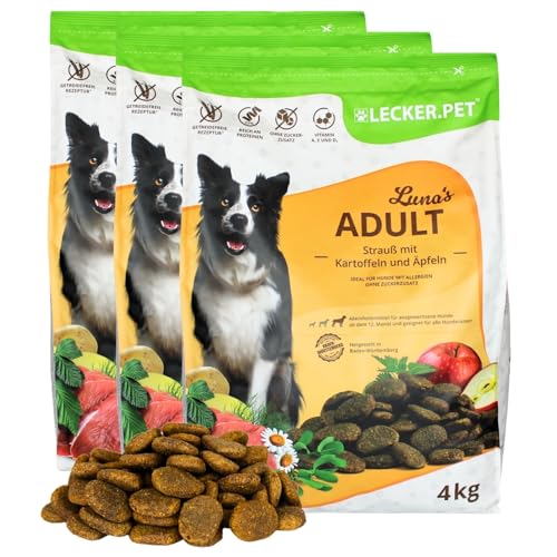 Lecker.Pet® | 12 kg Luna's Strauß mit Kartoffel & Apfel Hunde Trockenfutter Vollnahrung | Getreidefreie Trockenvollnahrung | Alleinfutter für Erwachsene Hunde | Nährstoffreiche Proteinquelle von Lyra Pet