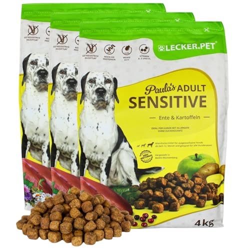 Lecker.Pet® | 12 kg Paula's Adult Sensitive Ente & Kartoffel Hunde Trockenfutter Vollnahrung | Getreidefreie Trockenvollnahrung | Alleinfutter für Erwachsene Hunde | Nährstoffreiche Proteinquelle von Lyra Pet