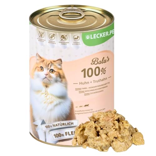 Lecker.Pet® | 12 x 400 g Balu's 100% Huhn und Truthahn Katzen Nassfutter | Hochwertiges Katzenfutter aus Huhn | Getreidefrei & ohne Zuckerzusatz | Natürlich & ohne Zusatzstoffe | Reich an Proteinen von Lyra Pet