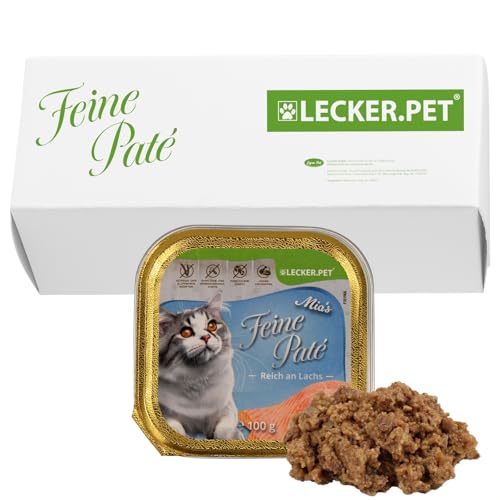 Lecker.Pet® | 17 x 100 g Mia's Feine Paté Reich an Lachs Katzenfutter Vollnahrung | Nassfutter in praktischer Schale | Getreidefrei & Glutenfrei | Hochwertiges Futter | Reich an Proteinen & Mineralien von Lyra Pet