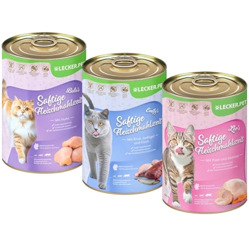 Lecker.Pet® | 18 x 400 g Balu's, Emily's & Leo's Saftige Fleischmahlzeit Katzenfutter Nassfutter Mix Vollnahrung - je Sorte 6 Dosen | Ohne Zusatz- und Konservierungsstoffe | Reich an Proteinen von Lyra Pet