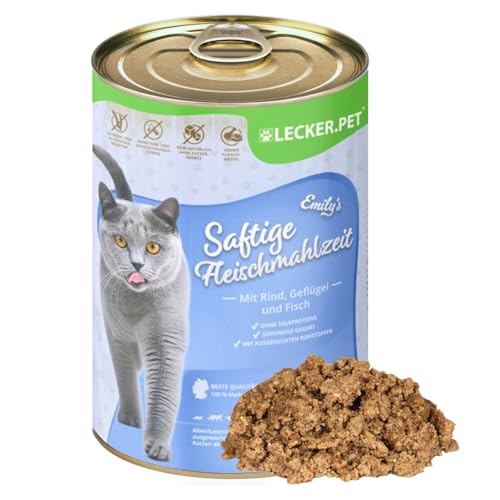 Lecker.Pet® | 18 x 400 g Emily's Saftige Fleischmahlzeit mit Rind, Geflügel & Fisch Katzen Nassfutter | Hochwertiges Katzenfutter | Glutenfreie Vollnahrung ohne Zucker| Reich an Proteinen & Vitaminen von Lyra Pet