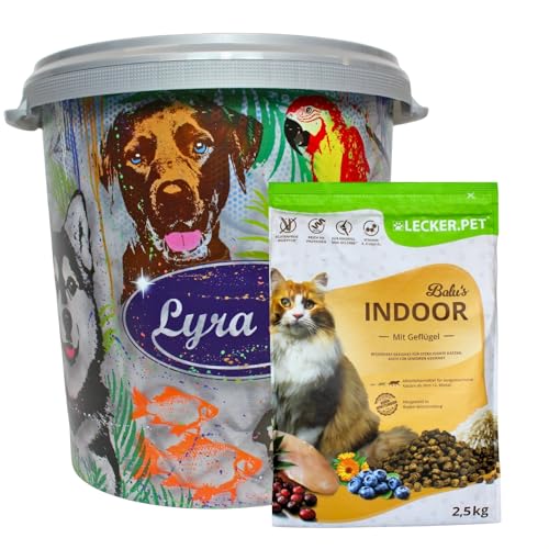 Lecker.Pet® | 2,5 kg Balu's Indoor Geflügel Katzen Trockenfutter Vollnahrung in 30 L Tonne | Glutenfreies Katzenfutter | Trockenvollnahrung für Erwachsene Katzen | Nährstoffreiche Proteinquelle von Lyra Pet