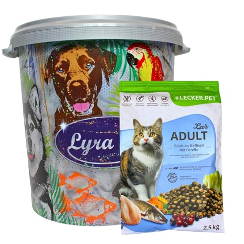 Lecker.Pet® | 2,5 kg Leo's Adult Geflügel & Forelle Katzen Trockenfutter Vollnahrung + 30 L Tonne | Glutenfreies Katzenfutter | Trockenvollnahrung für erwachsene Katzen | Nährstoffreiche Proteinquelle von Lyra Pet