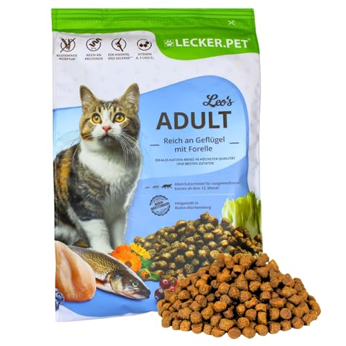 Lecker.Pet® | 2,5 kg Leo's Adult Geflügel & Forelle Katzen Trockenfutter Vollnahrung | Glutenfreies Katzenfutter | Trockenvollnahrung für Erwachsene Katzen | Nährstoffreiche Proteinquelle mit Fisch von Lyra Pet