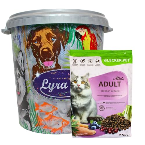 Lecker.Pet® | 2,5 kg Mia's Adult Herzhaftes Geflügel Katzen Trockenfutter Vollnahrung + 30L Tonne | Glutenfreies Katzenfutter | Trockenvollnahrung für erwachsene Katzen | Nährstoffreiche Proteinquelle von Lyra Pet