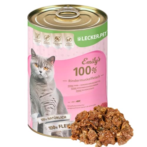 Lecker.Pet® | 24 x 400 g Emily's 100% Rindermuskelfleisch Katzen Nassfutter | Hochwertiges Katzenfutter aus Rind | Glutenfrei & ohne Zuckerzusatz | Natürlich & ohne Zusatzstoffe | Reich an Proteinen von Lyra Pet