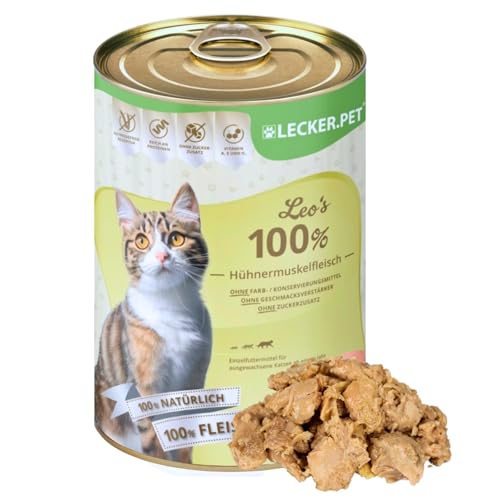 Lecker.Pet® | 24 x 400 g Leo's 100% Hühnermuskelfleisch Katzen Nassfutter | Hochwertiges Katzenfutter aus Huhn | Getreidefrei & ohne Zuckerzusatz | Natürlich & ohne Zusatzstoffe | Reich an Proteinen von Lyra Pet