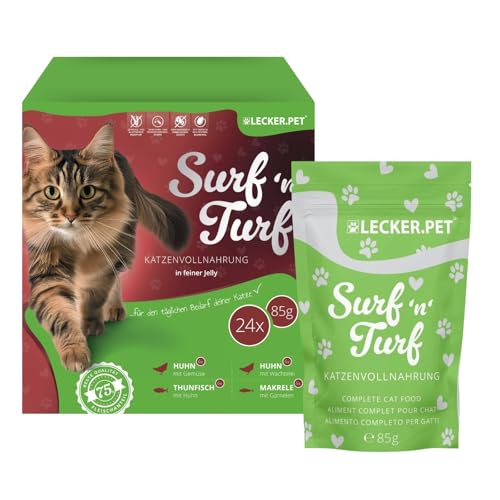 Lecker.Pet® 24 x 85 g Surf'n'Turf Pouches Katzenfutter in feiner Jelly - 4 Sorten Multipack | Hochwertiges Nassfutter in Gelee für Katzen | Reich an Proteinen & Mineralien | Getreidefrei & glutenfrei von Lyra Pet