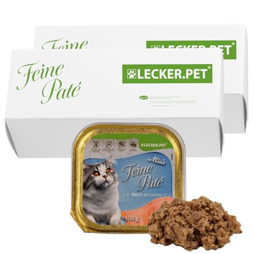 Lecker.Pet® | 34 x 100 g Mia's Feine Paté Reich an Lachs Katzenfutter Vollnahrung | Nassfutter in praktischer Schale | Getreidefrei & Glutenfrei | Hochwertiges Futter | Reich an Proteinen & Mineralien von Lyra Pet