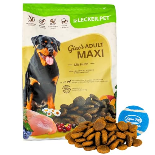 Lecker.Pet® | 4 kg Gino's Adult mit Huhn Hunde Trockenfutter Vollnahrung + Tennis Ball | Glutenfreies Hundefutter mit Geflügel | Trockenvollnahrung für erwachsene Hunde | Nährstoffreiche Proteinquelle von Lyra Pet