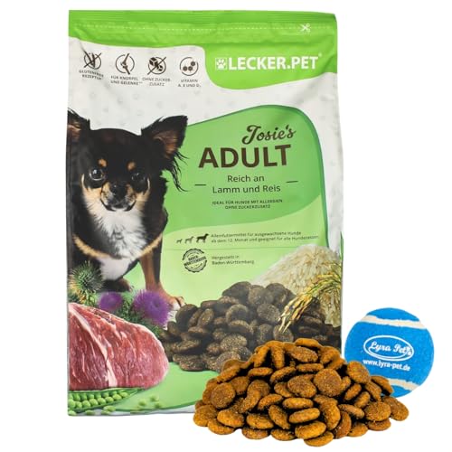 Lecker.Pet® | 4 kg Josie's Adult Lamm & Reis Hunde Trockenfutter Vollnahrung + Tennis Ball | Glutenfreies Hundefutter | Trockenvollnahrung für Erwachsene Hunde | Nährstoffreiche Proteinquelle von Lyra Pet