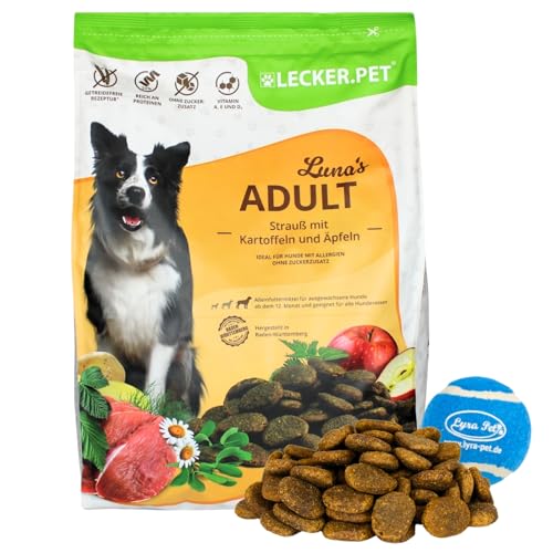 Lecker.Pet® | 4 kg Luna's Strauß mit Kartoffel & Apfel Hunde Trockenfutter Vollnahrung + Tennis Ball | Getreidefreie Trockenvollnahrung | Alleinfutter für Hunde | Nährstoffreiche Proteinquelle von Lyra Pet