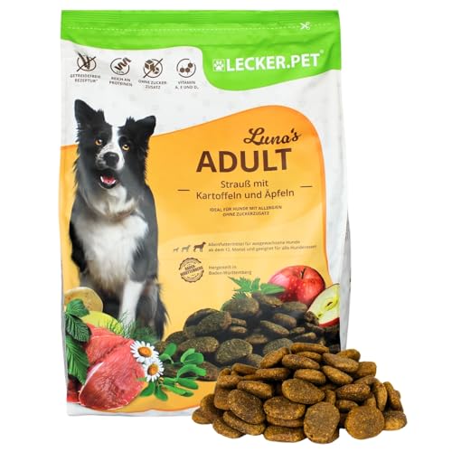 Lecker.Pet® | 4 kg Luna's Strauß mit Kartoffel & Apfel Hunde Trockenfutter Vollnahrung | Getreidefreie Trockenvollnahrung | Alleinfutter für Erwachsene Hunde | Nährstoffreiche Proteinquelle von Lyra Pet