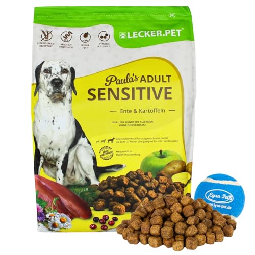 Lecker.Pet® | 4 kg Paula's Adult Sensitive Ente & Kartoffel Hunde Trockenfutter Vollnahrung + Tennis Ball | Getreidefreie Trockenvollnahrung | Nährstoffreiches Alleinfutter für Erwachsene Hunde von Lyra Pet