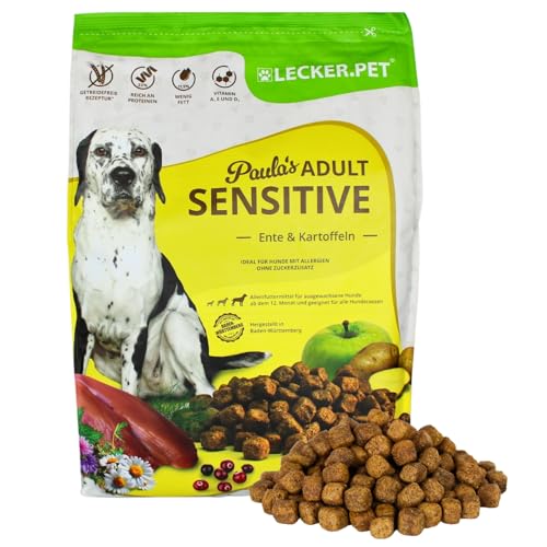 Lecker.Pet® | 4 kg Paula's Adult Sensitive Ente & Kartoffel Hunde Trockenfutter Vollnahrung | Getreidefreie Trockenvollnahrung | Alleinfutter für Erwachsene Hunde | Nährstoffreiche Proteinquelle von Lyra Pet
