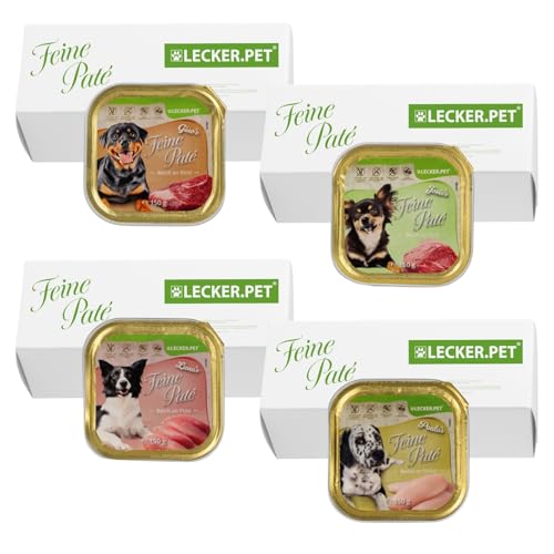 Lecker.Pet® | 44 x 150 g Gino's, Josie's, Luna's & Paula's Feine Paté Hundefutter Nassfutter Mix Vollnahrung | Je Sorte 11 Schalen | Ohne Getreide & Zuckerzusatz | Reich an Proteinen & Nährstoffen von Lyra Pet