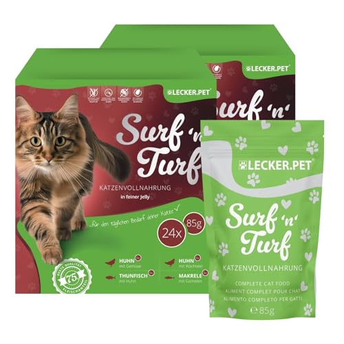Lecker.Pet® 48 x 85 g Surf'n'Turf Pouches Katzenfutter in feiner Jelly - 4 Sorten Multipack | Hochwertiges Nassfutter in Gelee für Katzen | Reich an Proteinen & Mineralien | Getreidefrei & glutenfrei von Lyra Pet