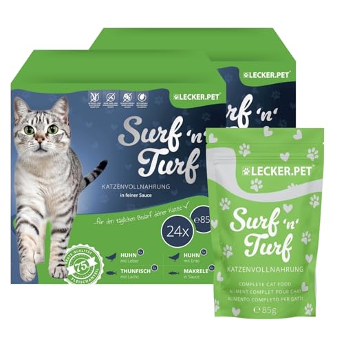 Lecker.Pet® 48 x 85 g Surf'n'Turf Pouches Katzenfutter in feiner Sauce - 4 Sorten Multipack | Hochwertiges Nassfutter für Katzen | Reich an Proteinen & Mineralien | Getreidefrei & glutenfrei von Lyra Pet