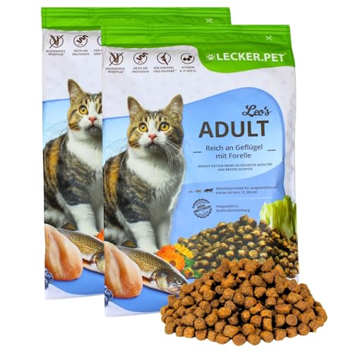 Lecker.Pet® | 5 kg Leo's Adult Geflügel & Forelle Katzen Trockenfutter Vollnahrung | Glutenfreies Katzenfutter | Trockenvollnahrung für Erwachsene Katzen | Nährstoffreiche Proteinquelle mit Fisch von Lyra Pet