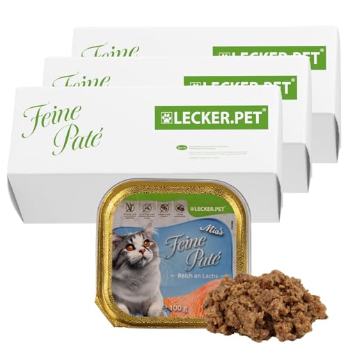 Lecker.Pet® | 51 x 100 g Mia's Feine Paté Reich an Lachs Katzenfutter Vollnahrung | Nassfutter in praktischer Schale | Getreidefrei & Glutenfrei | Hochwertiges Futter | Reich an Proteinen & Mineralien von Lyra Pet