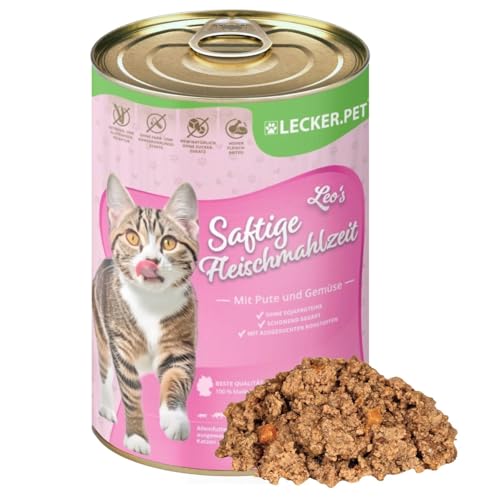 Lecker.Pet® | 6 x 400 g Leo's Saftige Fleischmahlzeit mit Pute & Gemüse Katzen Nassfutter | Hochwertiges Katzenfutter | Glutenfreie Vollnahrung ohne Zuckerzusatz | Reich an Proteinen & Vitaminen von Lyra Pet