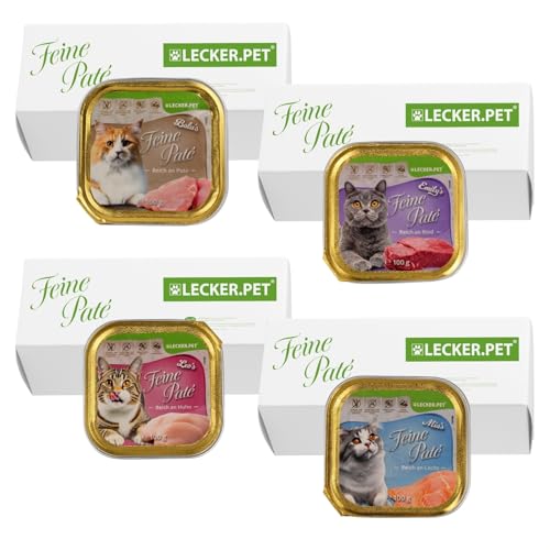 Lecker.Pet® | 68 x 100 g Balu's, Emily's, Leo's & Mia's Feine Paté Katzenfutter Vollnahrung Mix - je Sorte 17 STK.| Nassfutter für Katzen in praktischer Schale | Reich an Proteinen & Mineralstoffen von Lyra Pet