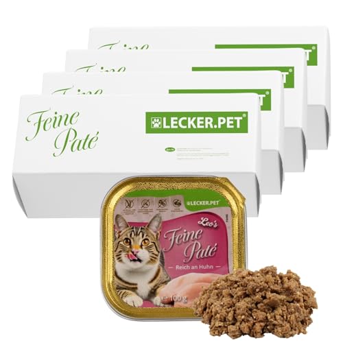 Lecker.Pet® | 68 x 100 g Leo's Feine Paté Reich an Huhn Katzenfutter Vollnahrung | Nassfutter in praktischer Schale | Getreidefrei & Glutenfrei | Hochwertiges Futter | Reich an Proteinen & Mineralien von Lyra Pet