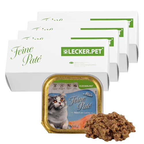 Lecker.Pet® | 68 x 100 g Mia's Feine Paté Reich an Lachs Katzenfutter Vollnahrung | Nassfutter in praktischer Schale | Getreidefrei & Glutenfrei | Hochwertiges Futter | Reich an Proteinen & Mineralien von Lyra Pet
