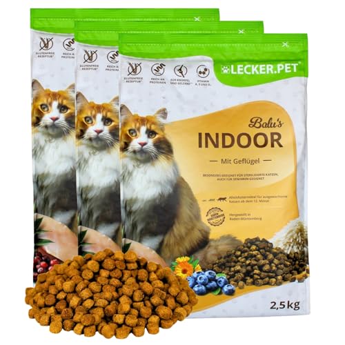 Lecker.Pet® | 7,5 kg Balu's Indoor Geflügel Katzen Trockenfutter Vollnahrung | Glutenfreies, vitaminreiches Katzenfutter | Trockenvollnahrung für Erwachsene Katzen | Nährstoffreiche Proteinquelle von Lyra Pet