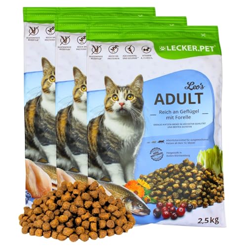 Lecker.Pet® | 7,5 kg Leo's Adult Geflügel & Forelle Katzen Trockenfutter Vollnahrung | Glutenfreies Katzenfutter | Trockenvollnahrung für Erwachsene Katzen | Nährstoffreiche Proteinquelle mit Fisch von Lyra Pet