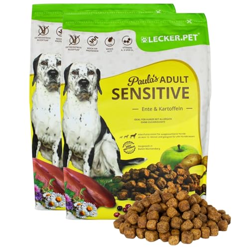 Lecker.Pet® | 8 kg Paula's Adult Sensitive Ente & Kartoffel Hunde Trockenfutter Vollnahrung | Getreidefreie Trockenvollnahrung | Alleinfutter für Erwachsene Hunde | Nährstoffreiche Proteinquelle von Lyra Pet