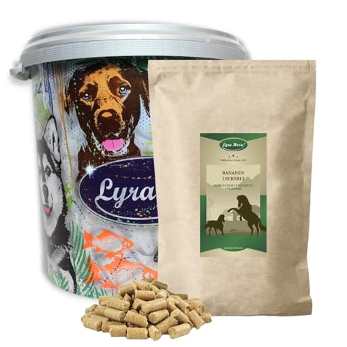Lyra Horse® | 5 kg Bananen Leckerli Pferdefutter in 30 L Tonne | Snacks aus Hafer, Weizen & Bananenchips | Ausgewogene Nährstoffquelle | Vitaminreiche Leckerlis für alle Pferde | Reich an Kalzium von Lyra Pet