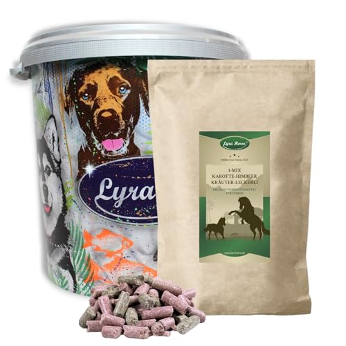 Lyra Horse® | 5 kg Karotte-Himbeer-Kräuter Leckerli Pferdefutter in 30 L Tonne | Fruchtige Snacks für Pferde | Ausgewogene Nährstoffquelle | Vitaminreiche Belohnung | Reich an Ballaststoffen & Calcium von Lyra Pet