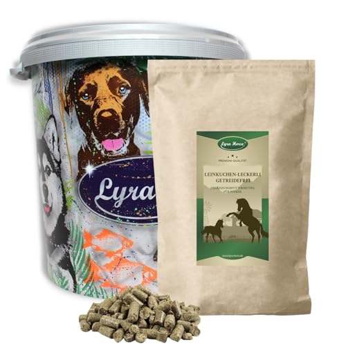 Lyra Horse® | 5 kg Leinkuchen Leckerli getreidefrei Pferdefutter in 30 L Tonne | Snacks aus Sonnenblumenfasern & Leinkuchen | Ausgewogene Nährstoffquelle | Leckerlis für alle Pferde von Lyra Pet