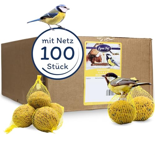 Lyra Pet® | 100 Ganzjahresknödel mit Netz à 90 g = 9 kg | Wildvogelfutter Sommer & Winter | Energielieferant für Wildvögel | Meisenknödel zum Aufhängen | Vogelfutter Klassiker | Für Körnerfresser von Lyra Pet