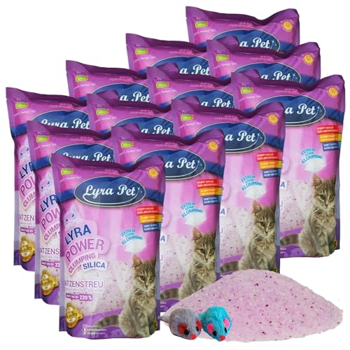 Lyra Pet® | 12 x 5 L = 60 L Lyra Power Clumping Silica Silikat Katzenstreu + 2 Spielmäuse | Stark Klumpend | Neutralisiert den Geruch | Staubfrei | Sparsam im Gebrauch | Nachfüllen statt Neufüllen von Lyra Pet