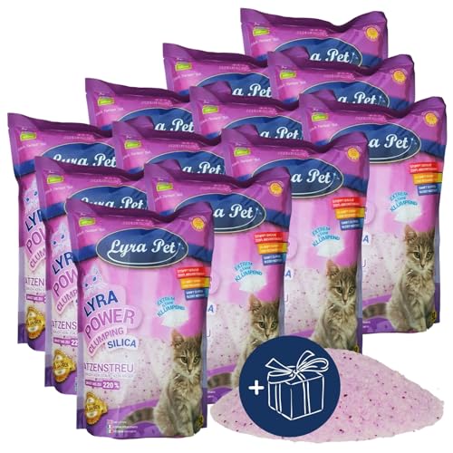 Lyra Pet® | 12 x 5 L = 60 L Lyra Power Clumping Silica Silikat Katzenstreu + Geschenk | Stark Klumpend | Neutralisiert den Geruch | Staubfrei | Sparsam im Gebrauch | Nachfüllen statt Neufüllen von Lyra Pet