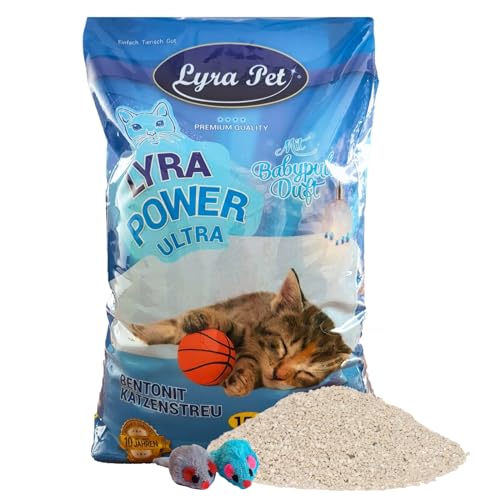 Lyra Pet® | 15 Liter Lyra Power Ultra Excellent Katzenstreu + 2 Spielmäuse | Mit Babypuder Duft | Klumpstreu | 350% Saugkraft | Naturprodukt aus Bentonit | Saubere Wohnung | Neutralisiert Gerüche von Lyra Pet