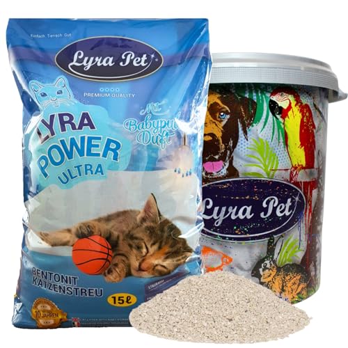 Lyra Pet® | 15 Liter Lyra Power Ultra Excellent Katzenstreu + 30 L Tonne | Mit Babypuder Duft | Klumpstreu | 350% Saugkraft | Naturprodukt aus Bentonit | Saubere Wohnung | Neutralisiert Gerüche von Lyra Pet