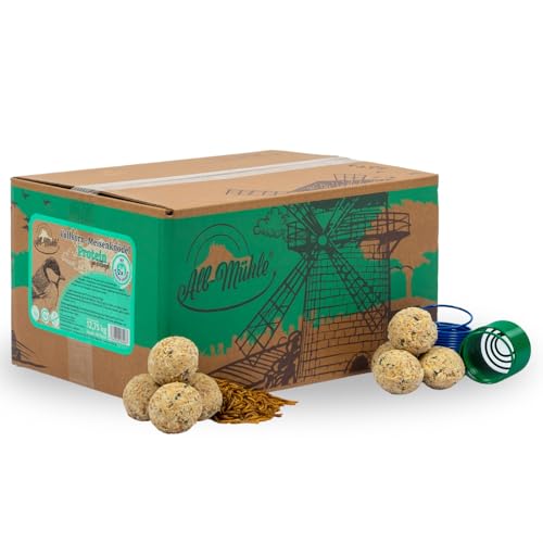 Lyra Pet® | 150 Meisenknödel aus der ALB-MÜHLE Protein ohne Netz + 2 Spender | Wildvogelfutter für Sommer & Winter | Energiequelle für Gartenvögel | Proteinreiches Fettfutter mit Mehlwürmern von Lyra Pet