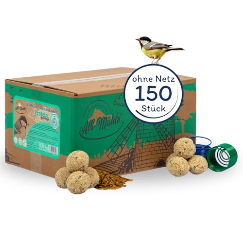 Lyra Pet® | 150 Meisenknödel aus der ALB-MÜHLE Protein ohne Netz + 2 Spender | Wildvogelfutter für Sommer & Winter | Energiequelle für Gartenvögel | Proteinreiches Fettfutter mit Mehlwürmern von Lyra Pet