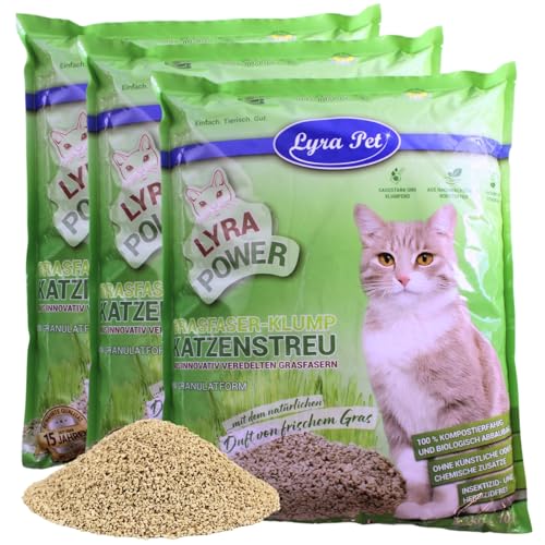 Lyra Pet® | 3 x 10 Liter Lyra Power Grasfaser Klump Katzenstreu | Natürliche, biologisch abbaubare Klumpstreu | 500% Saugkraft | Auch für empfindliche Katzen | Staubarm für eine saubere Wohnung von Lyra Pet