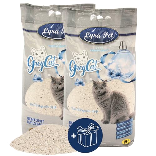 Lyra Pet® | 30 Liter Grey Cat Katzenstreu + Geschenk | Mit Aktivkohle | Mit Babypuder Duft | Feines Klumpstreu | 350% Saugkraft | Naturprodukt aus Bentonit | Neutralisiert Gerüche | Staubarm von Lyra Pet