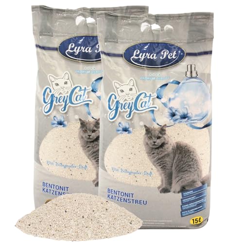 Lyra Pet® | 30 Liter Grey Cat Katzenstreu | Mit Aktivkohle | Mit Babypuder Duft | Feines Klumpstreu | 350% Saugkraft | Naturprodukt aus Bentonit | Saubere Wohnung | Neutralisiert Gerüche | Staubarm von Lyra Pet